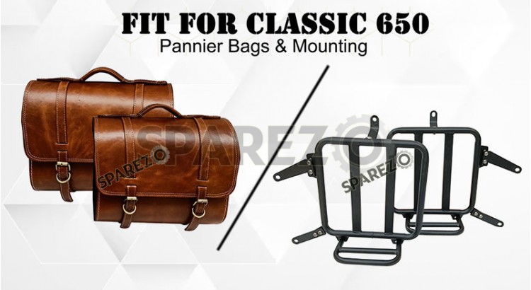 For Royal Enfield Classic 650 Genuine Leather Pannier Saddle Bags Brown Tan and Mounting - SPAREZO